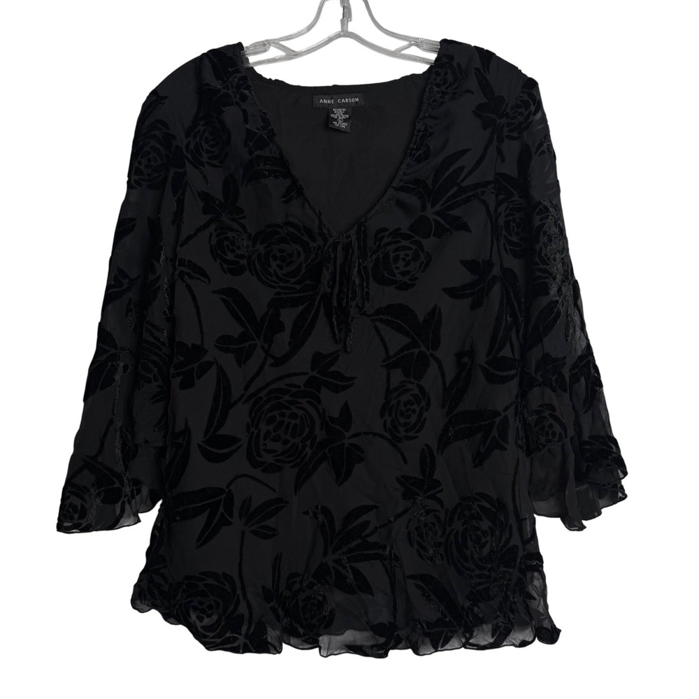 Vintage Anne Carson Velvet Burnout Top Womens L Black Floral‎ Whimsigoth Chiffon